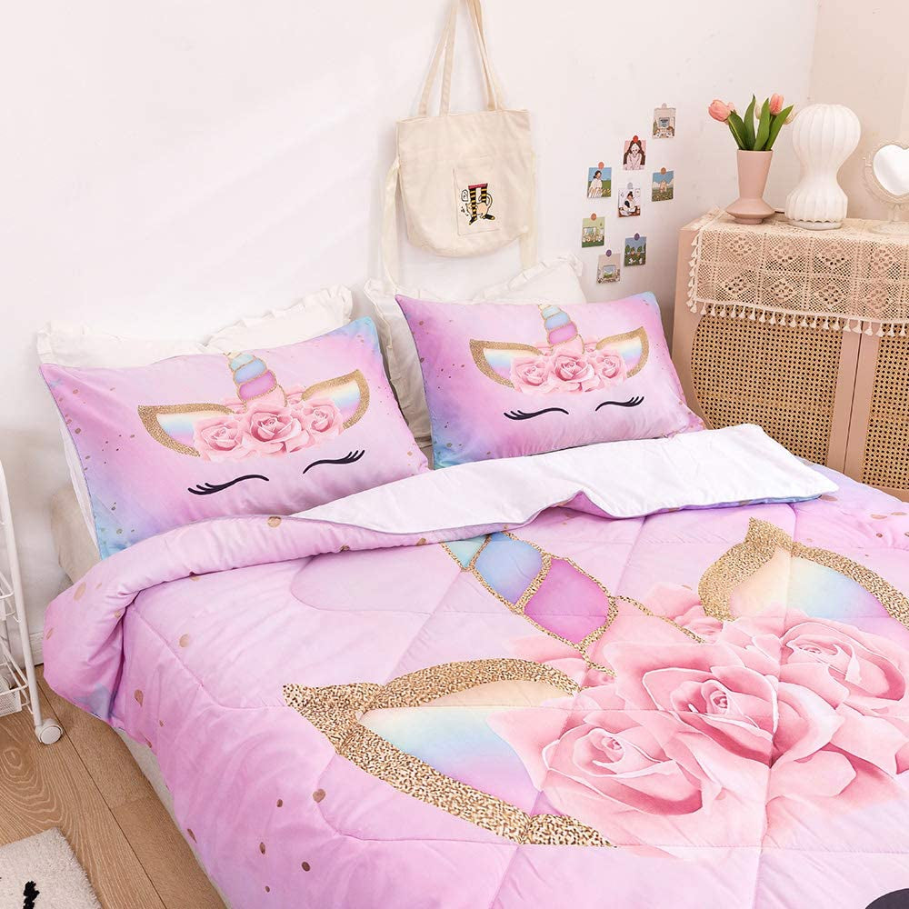 Unicorn Bedding 3 Piece Flower Girl Comforter Twin Size 68" X 86" Cartoon Pink Unicorn Bed Set Cute Unicorn Comforter Sets for Kids and Girls with 2 Pillowcases