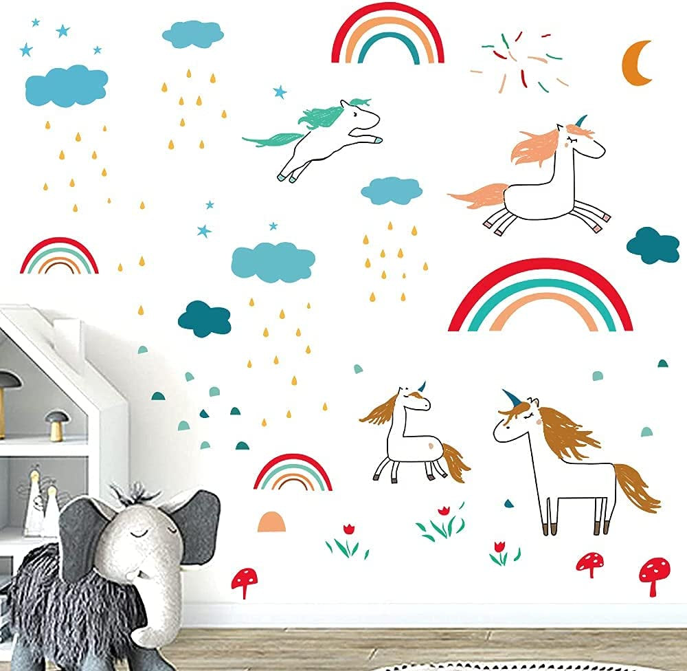Yanxi Home Decor, Large Cartoon Unicorn Rainbow Wall Decals Art Decor Girl Unicorn Sticker for Kids Girl Nursery Room Decor Unicorn