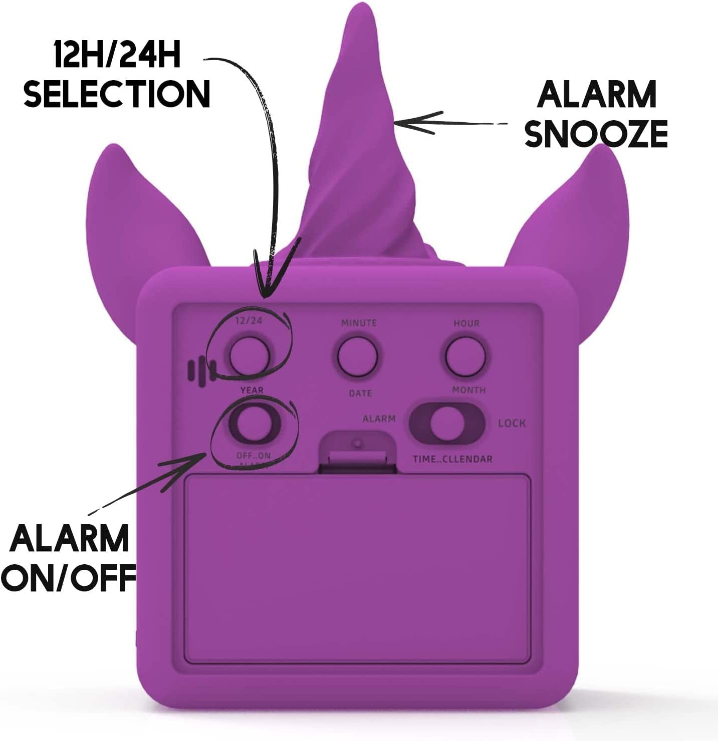 Something Unicorn - Unicorn Digital Alarm Clock with Snooze Button and Purple LCD Back-Lighting. Easy to Set Battery Powered Digital Clock in Silicone Sleeve with Time, Date and Alarm Display.(Purple)