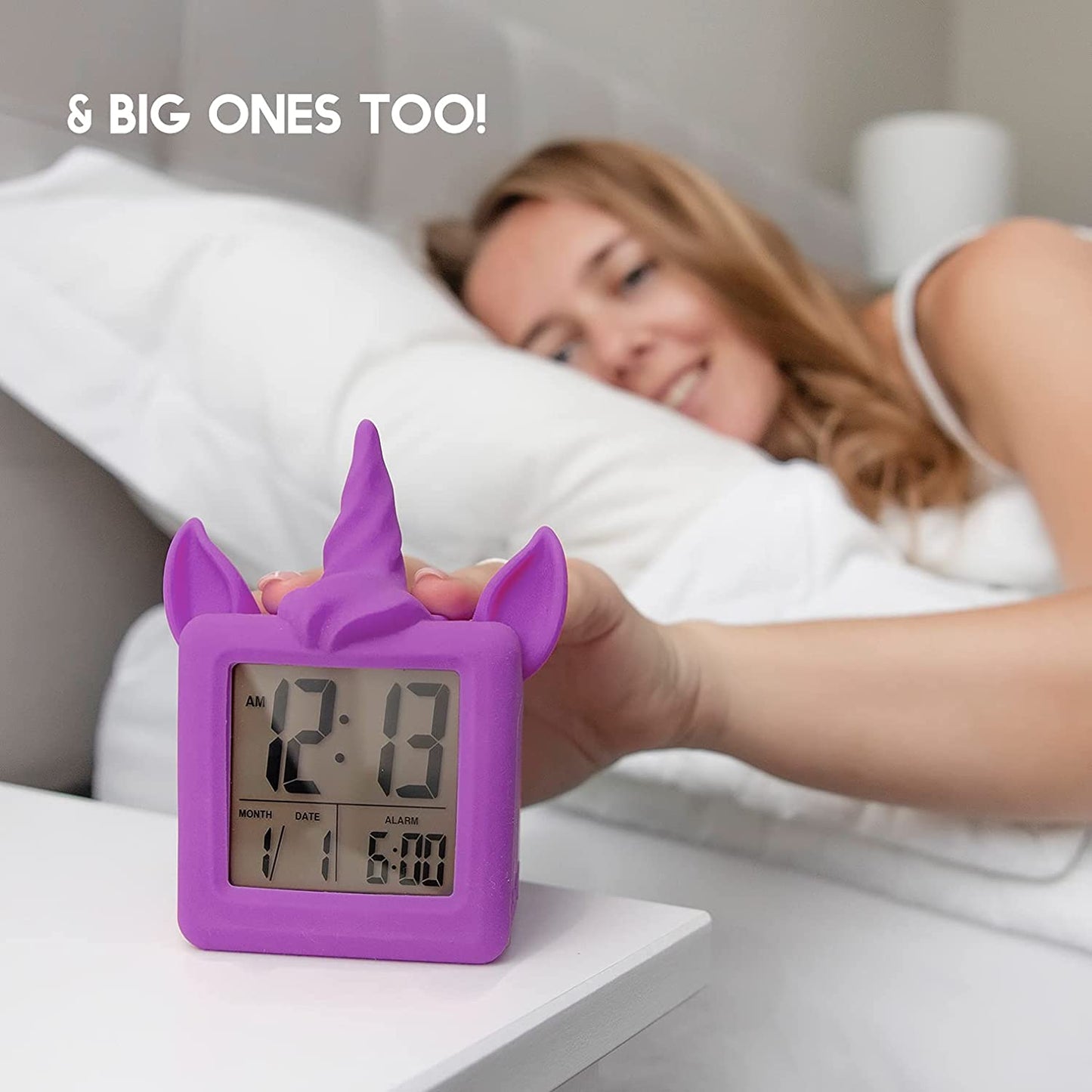 Something Unicorn - Unicorn Digital Alarm Clock with Snooze Button and Purple LCD Back-Lighting. Easy to Set Battery Powered Digital Clock in Silicone Sleeve with Time, Date and Alarm Display.(Purple)