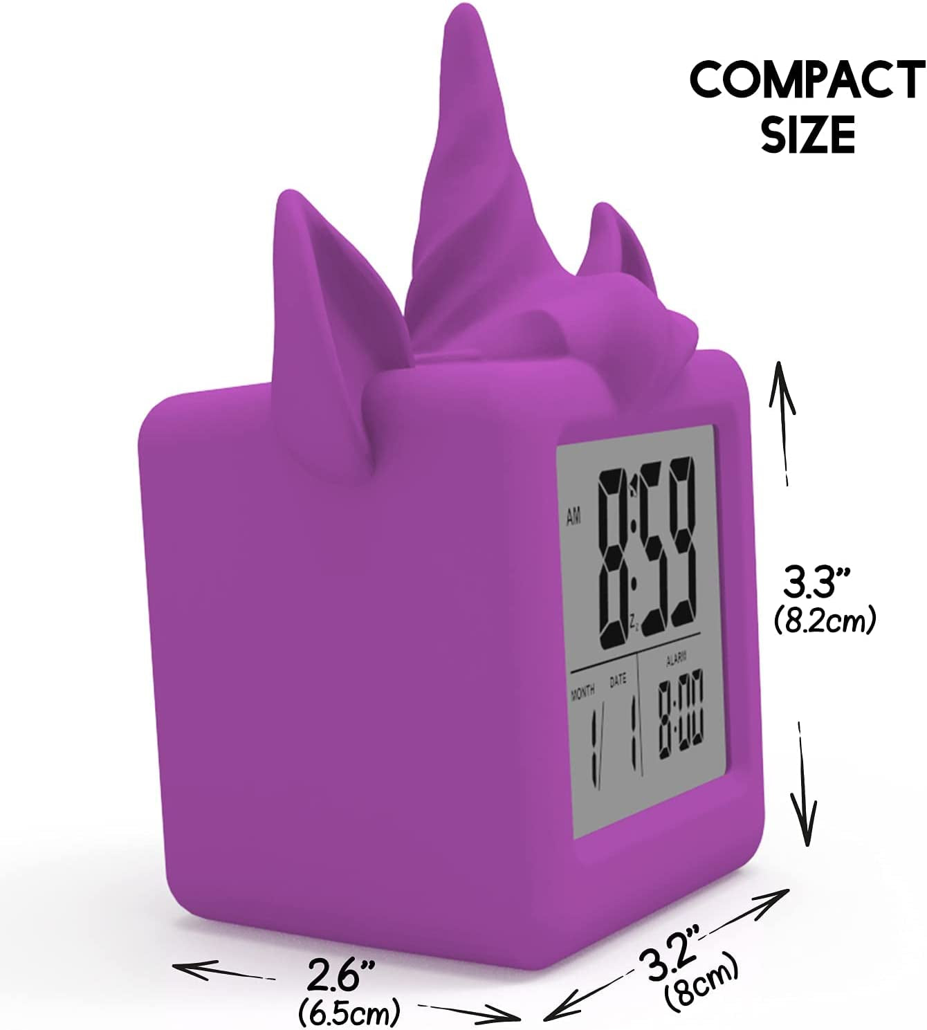 Something Unicorn - Unicorn Digital Alarm Clock with Snooze Button and Purple LCD Back-Lighting. Easy to Set Battery Powered Digital Clock in Silicone Sleeve with Time, Date and Alarm Display.(Purple)