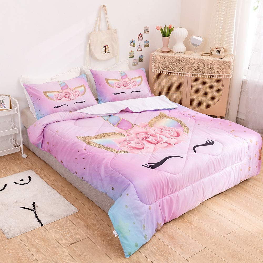 Unicorn Bedding 3 Piece Flower Girl Comforter Twin Size 68" X 86" Cartoon Pink Unicorn Bed Set Cute Unicorn Comforter Sets for Kids and Girls with 2 Pillowcases