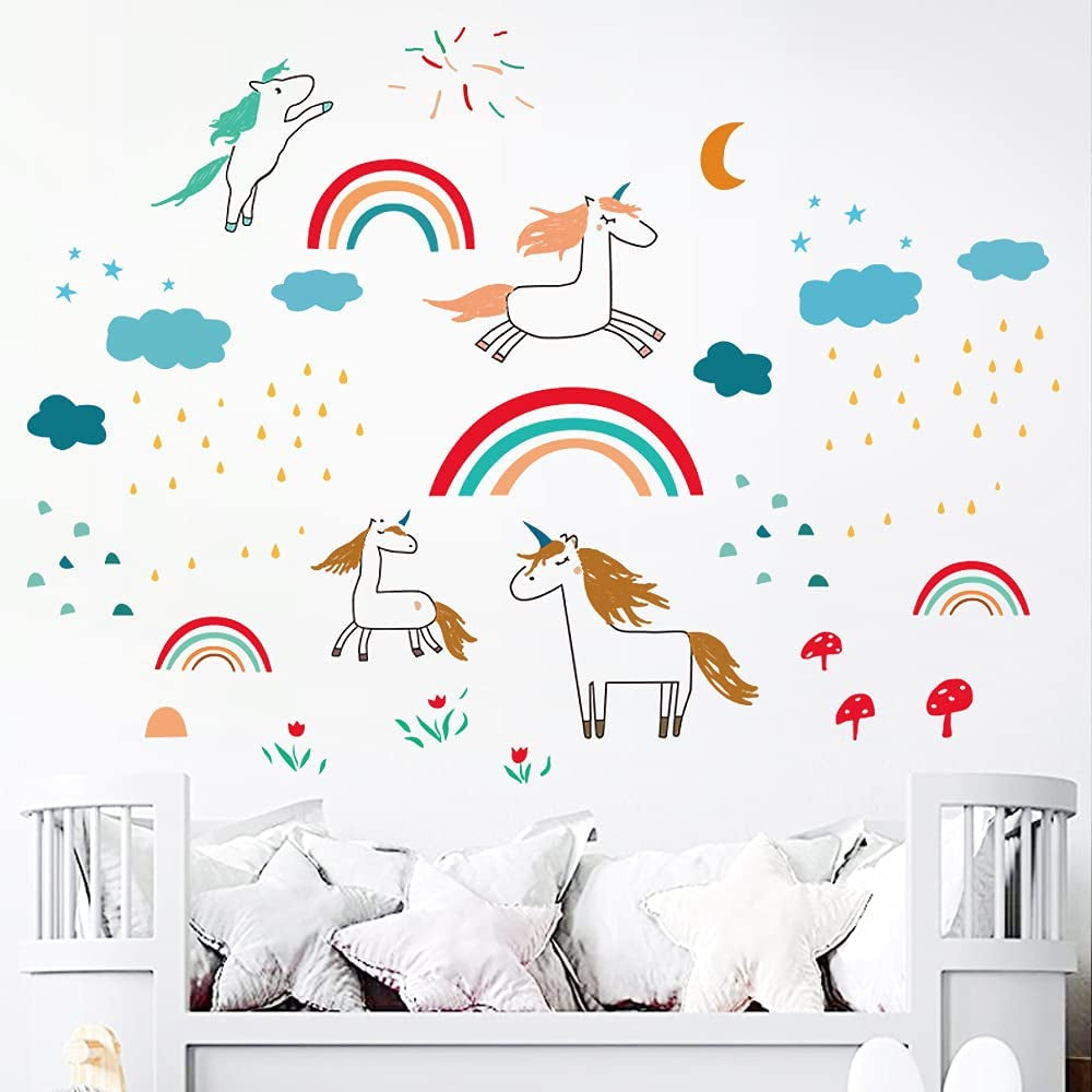 Yanxi Home Decor, Large Cartoon Unicorn Rainbow Wall Decals Art Decor Girl Unicorn Sticker for Kids Girl Nursery Room Decor Unicorn