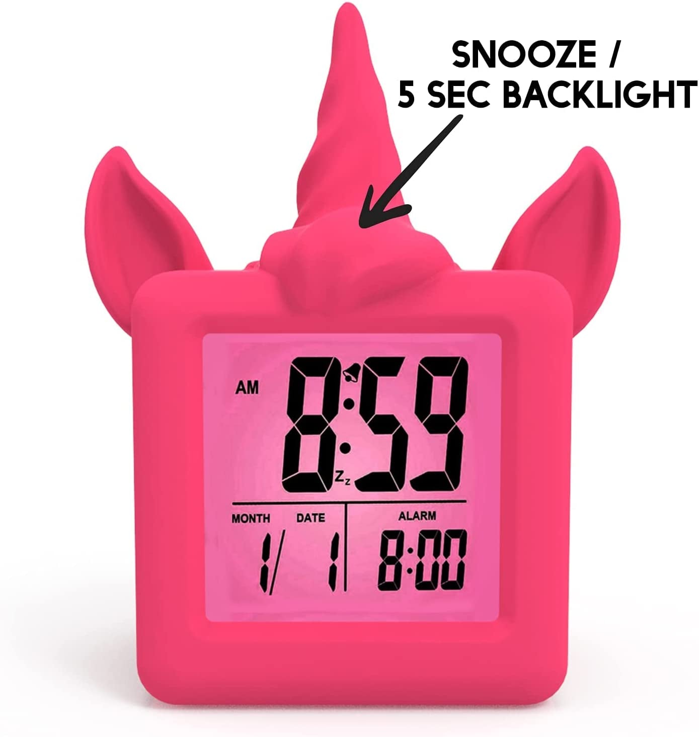 Something Unicorn - Unicorn Digital Alarm Clock with Snooze Button and Pink LCD Back-Lighting. Easy to Set Battery Powered Digital Clock in Silicone Sleeve with Time, Date and Alarm Display. (Pink)