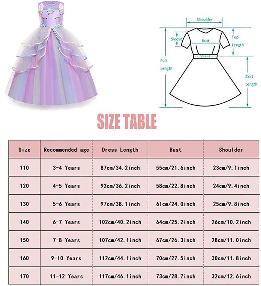 Unicorn Dress for Girls Unicorn Costume Pageant Princess Party Birthday Long Gown with Unicorn Headband & Necklace