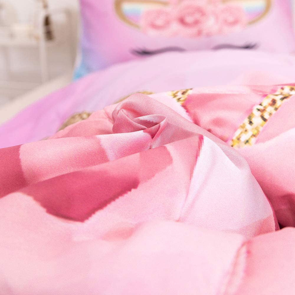 Unicorn Bedding 3 Piece Flower Girl Comforter Twin Size 68" X 86" Cartoon Pink Unicorn Bed Set Cute Unicorn Comforter Sets for Kids and Girls with 2 Pillowcases
