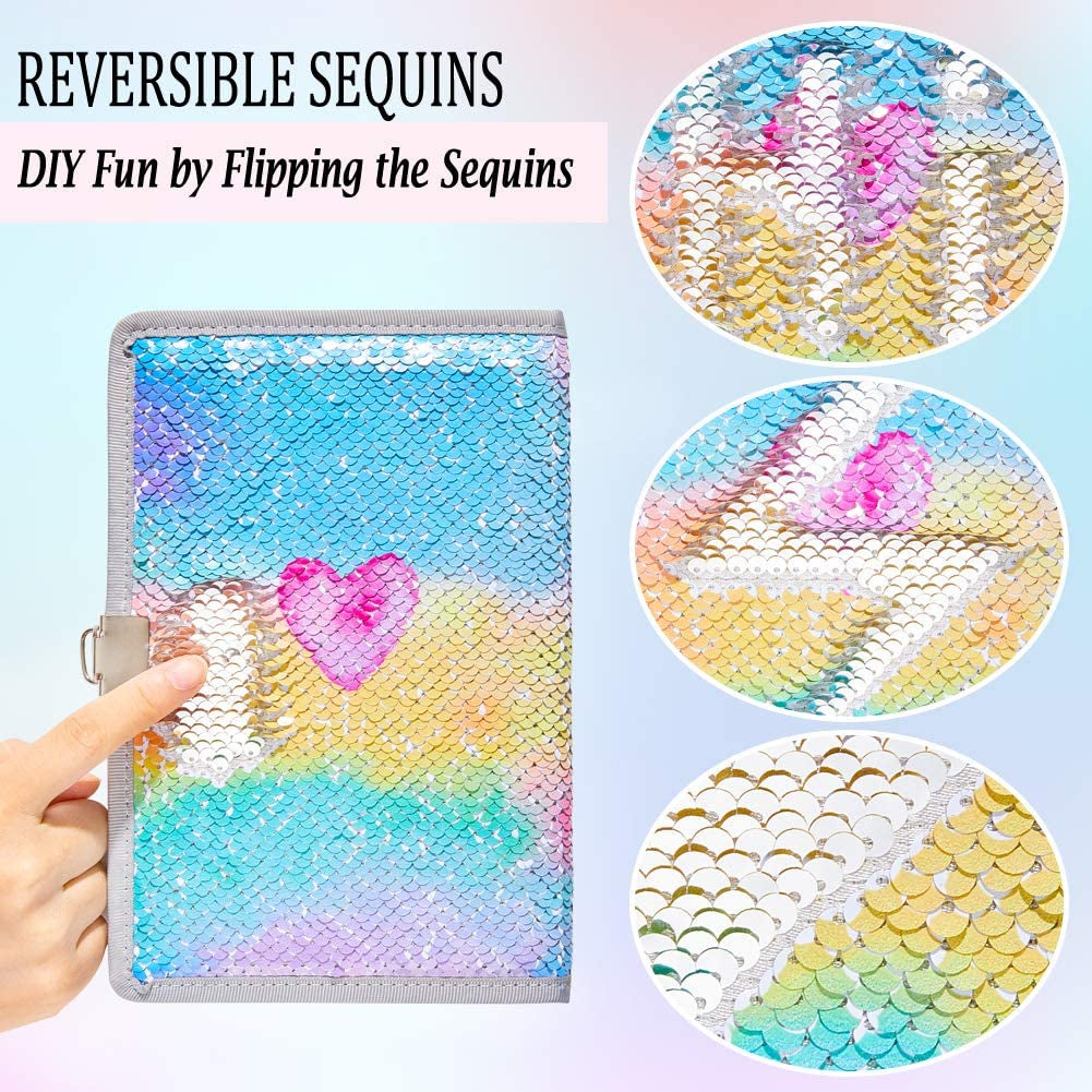 MHJY Sequin Unicorn Journal Secret Diary with Lock,Reversible Mermaid Sequin Notebook Private Journal Magic Unicorn Notebook Gifts for Girls