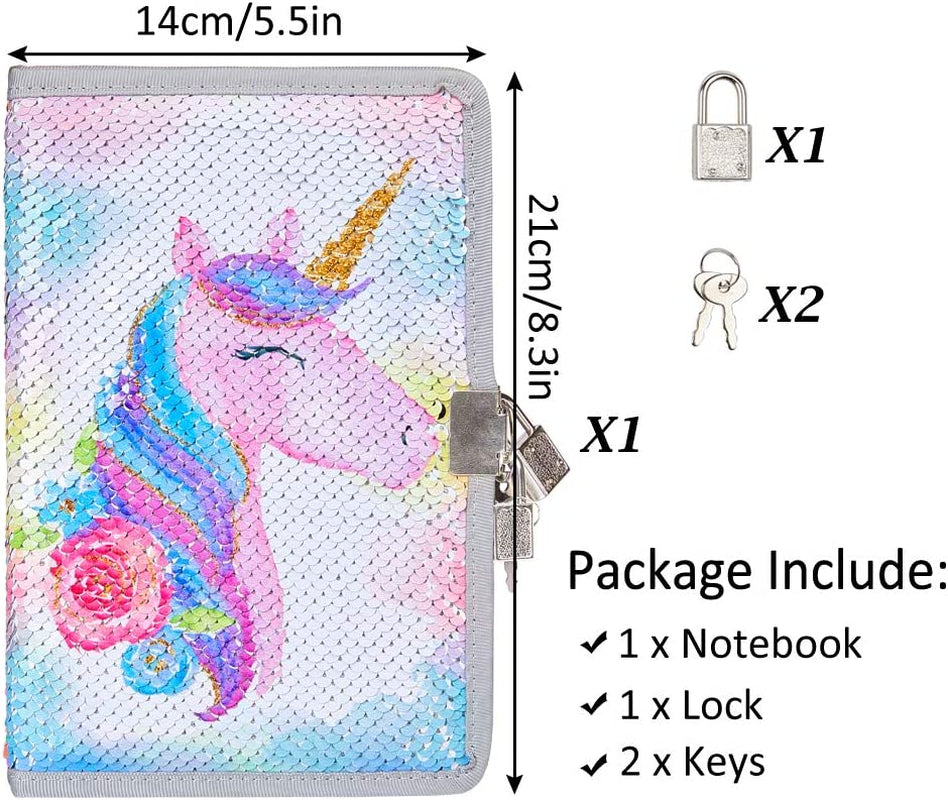 MHJY Sequin Unicorn Journal Secret Diary with Lock,Reversible Mermaid Sequin Notebook Private Journal Magic Unicorn Notebook Gifts for Girls