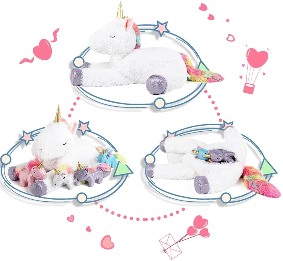 24 Inches Unicorn Plush Toy Set for Girls,4 Colorful Unicorns in Mommy Unicorn’S Belly,Unique Stuffed Unicorns Gifts for Children.