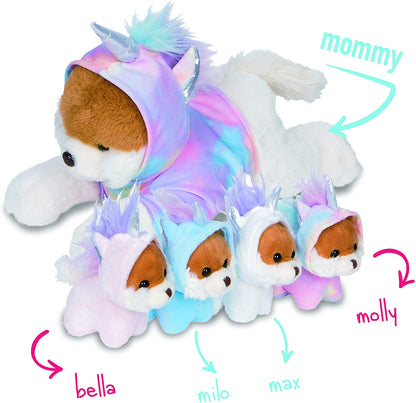 Dog Stuffed Animal - Mama Puppy and 4 Babies Dressed in Removable Rainbow Unicorn Hoodie - Soft and Snuggly Stuffed Puppy Ideal for Hugging and Cuddling