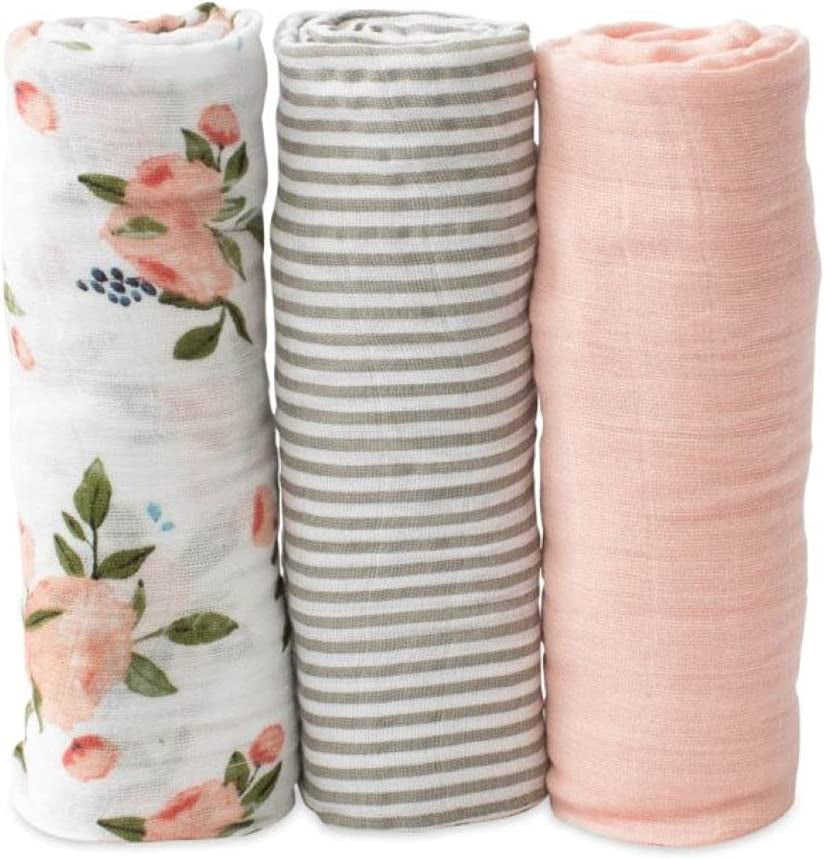 – Watercolor Roses Cotton Muslin Swaddle Set | Set of 3 | Watercolor Floral | 100% Cotton | Super Soft | Newborns and Infants | Large 47” X 47” | Machine Washable