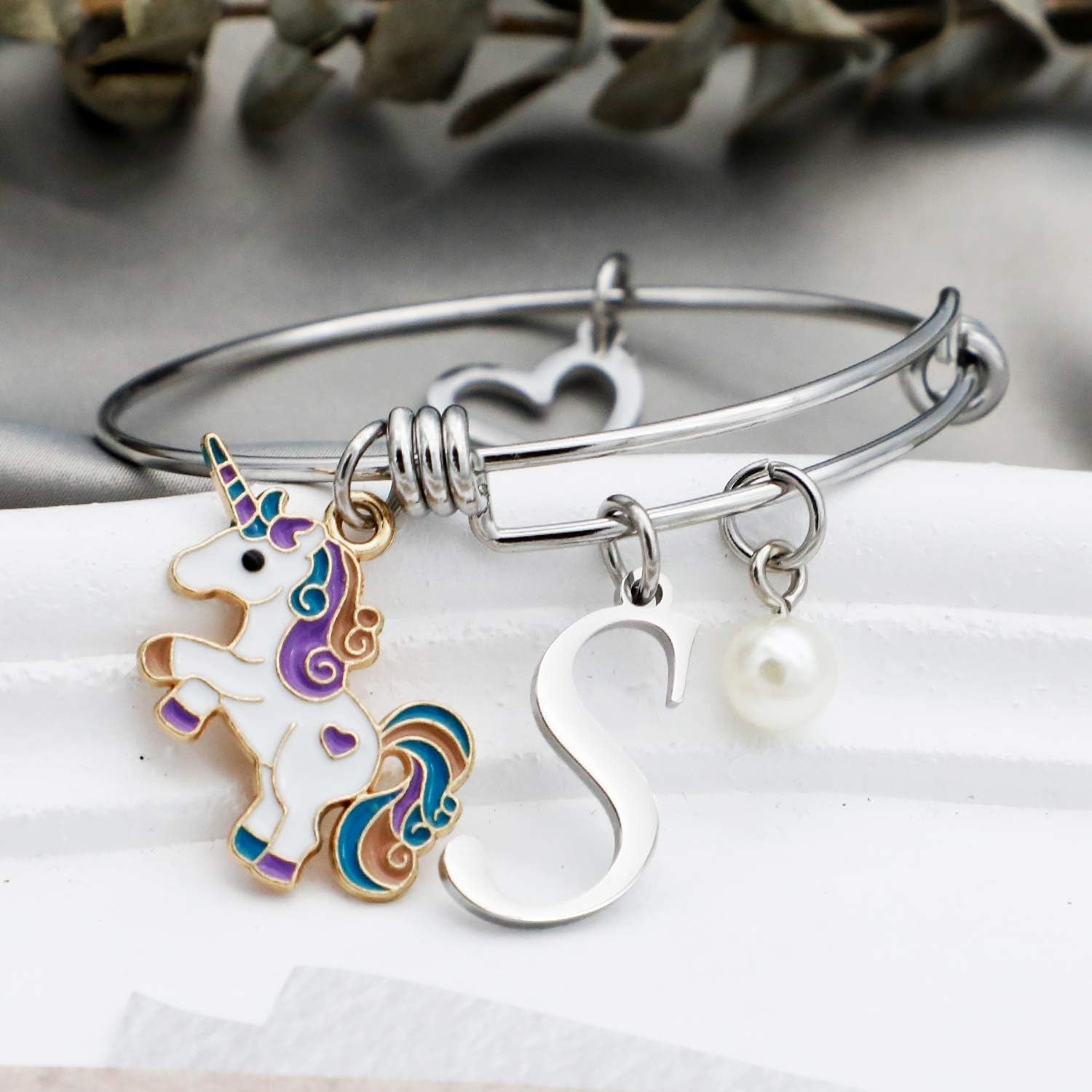 Unicorn Bracelet with Initial Unicorn Charm Initial Jewelry Unicorn Pendant Gift for Girl-S