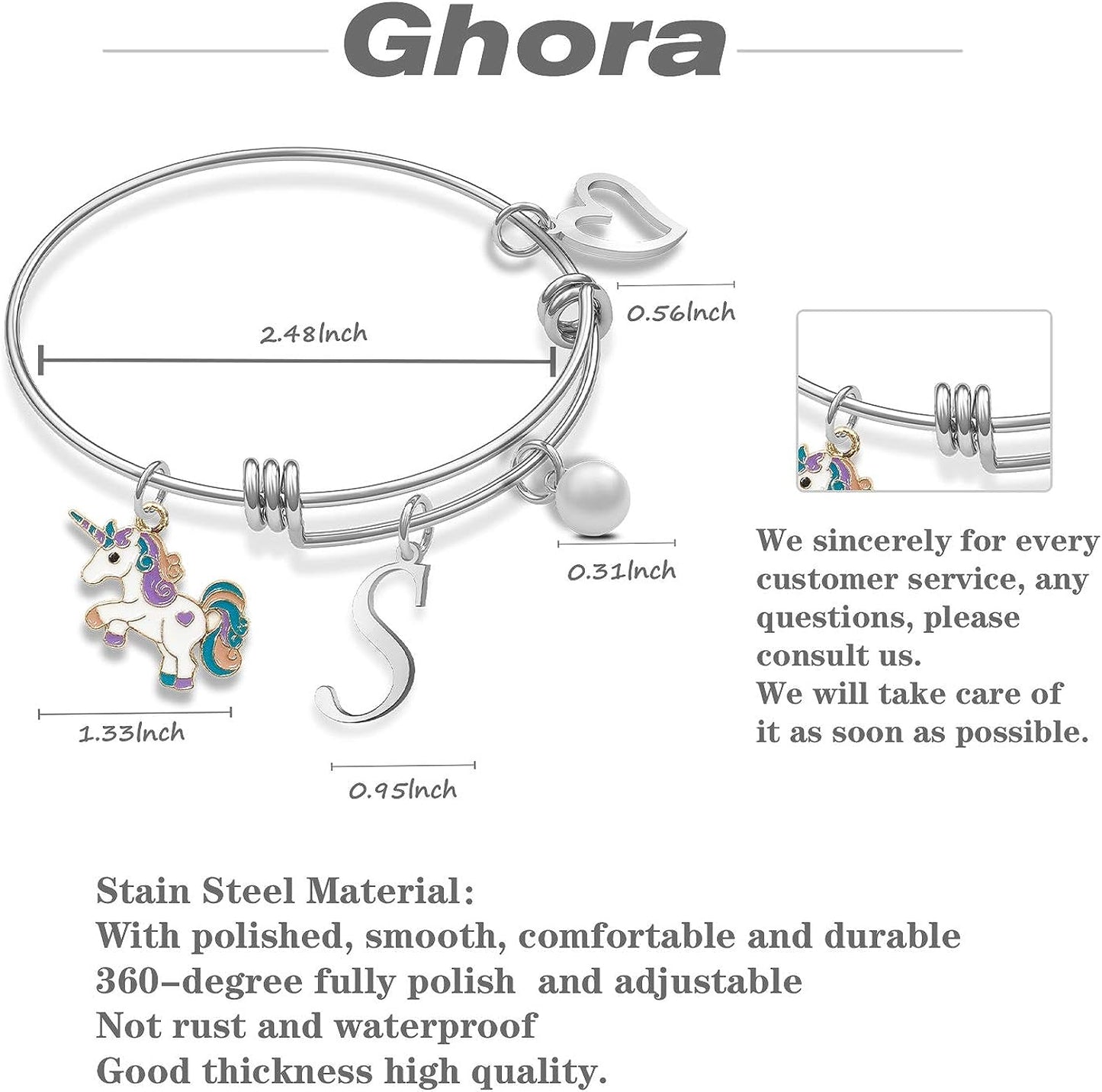Unicorn Bracelet with Initial Unicorn Charm Initial Jewelry Unicorn Pendant Gift for Girl-S