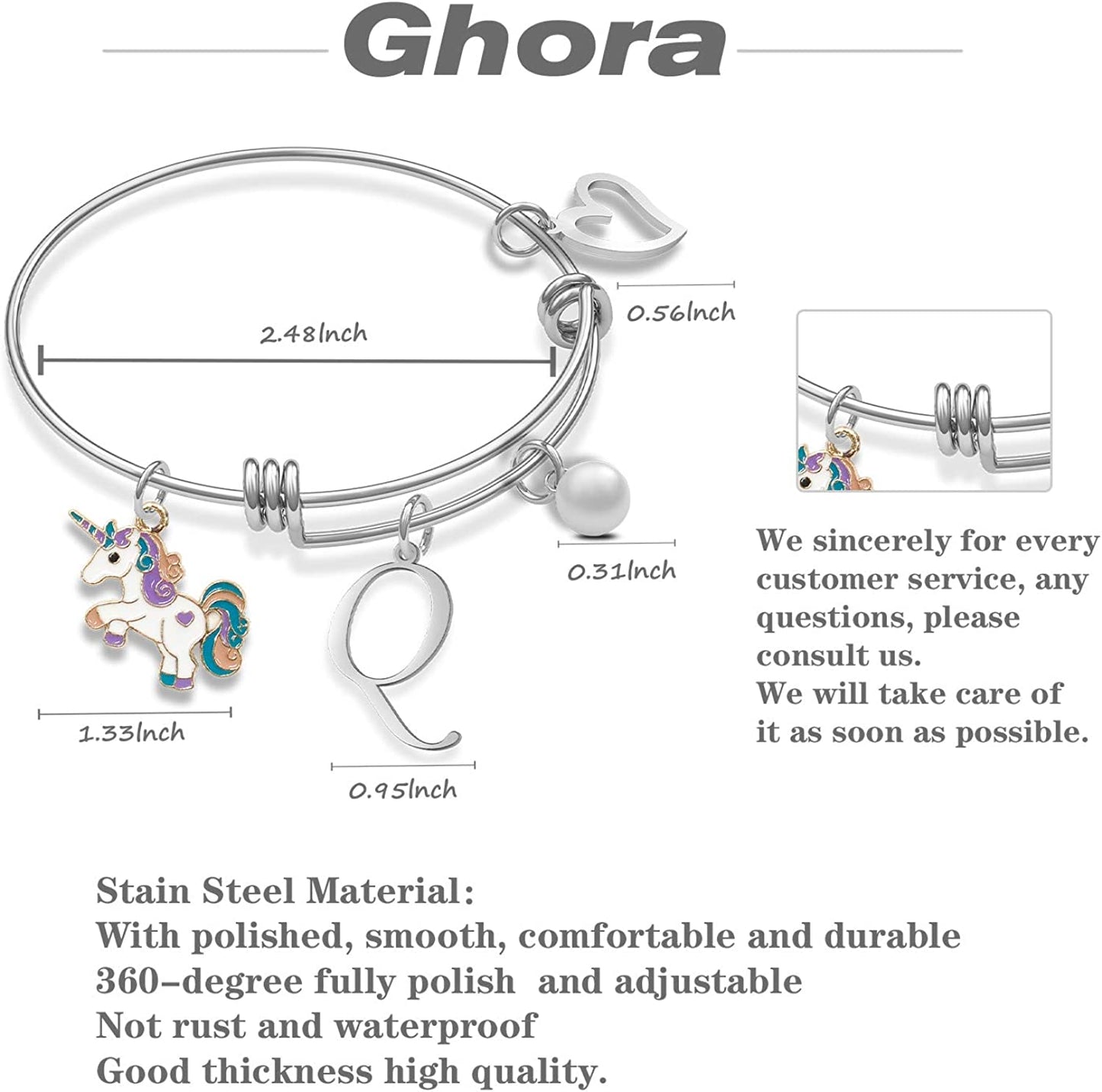 Unicorn Bracelet with Initial Unicorn Charm Initial Jewelry Unicorn Pendant Gift for Girl