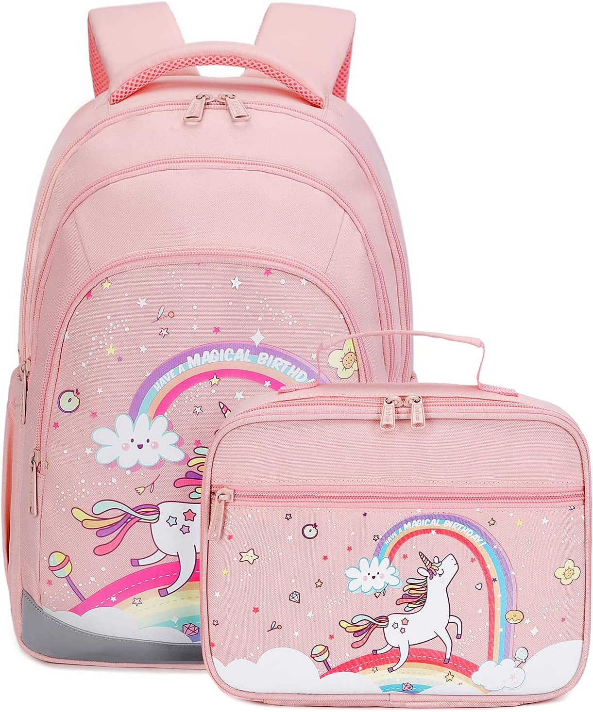 Cute Kids Backpack for Girls Kindergarten Elementary Unicorn School Backpacks Set with Lunch Box (Unicorn Dark Pink)