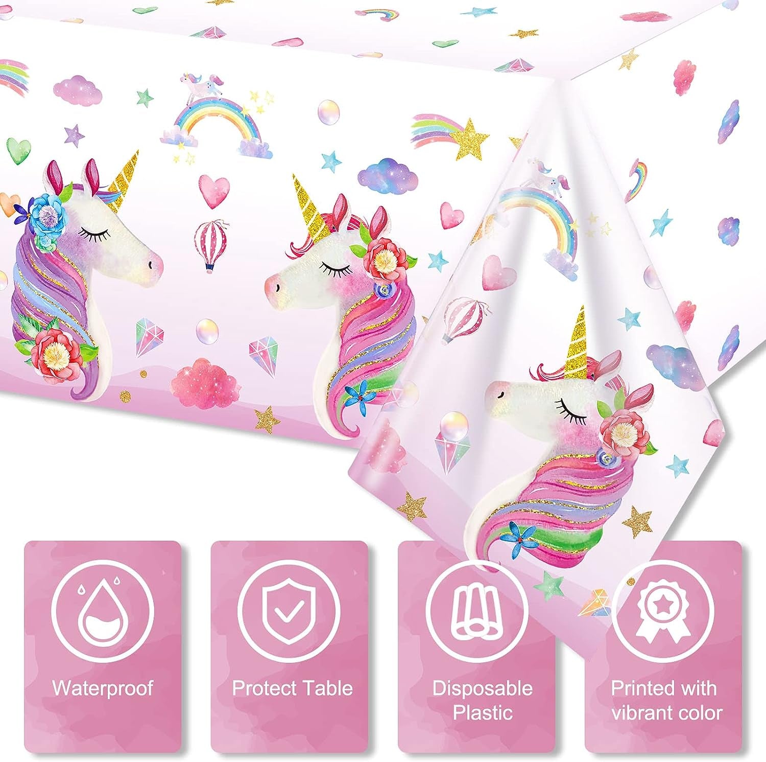 Unicorn Table Cloth Covers Plastic Unicorn Tablecloths Larger Disposable Unicorn Table Covers Unicorn Rectangle Table Covers for Baby Shower and Birthday Party Supplies, 108 X 54 Inches (3 Pieces)
