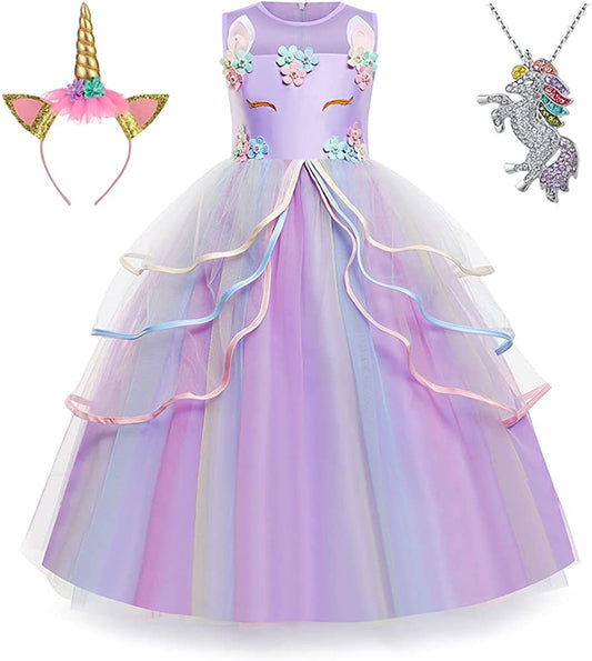 Unicorn Dress for Girls Unicorn Costume Pageant Princess Party Birthday Long Gown with Unicorn Headband & Necklace