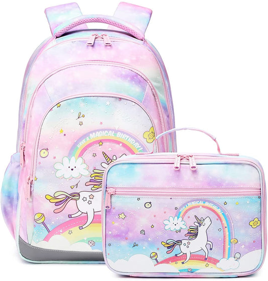 Cute Kids Backpack for Girls Kindergarten Elementary Unicorn School Backpacks Set with Lunch Box (Unicorn Rainbow)
