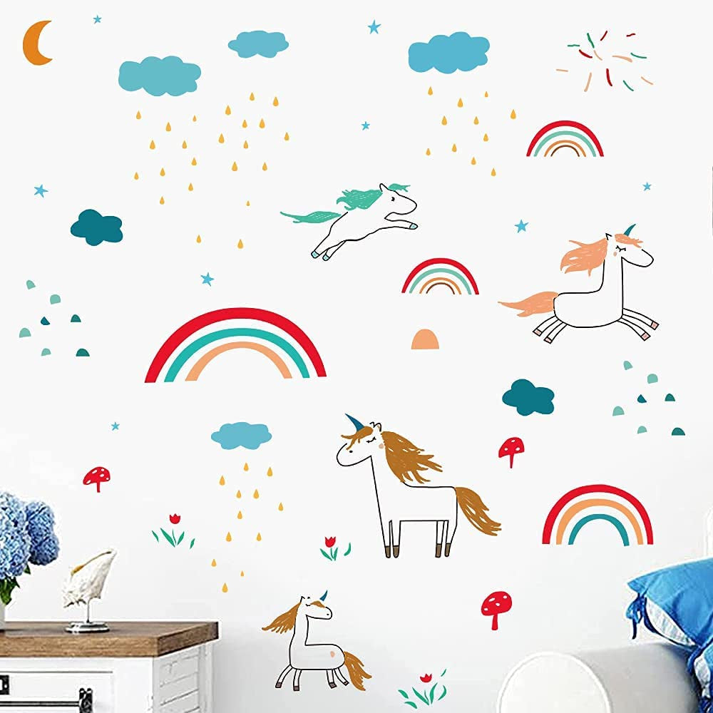 Yanxi Home Decor, Large Cartoon Unicorn Rainbow Wall Decals Art Decor Girl Unicorn Sticker for Kids Girl Nursery Room Decor Unicorn