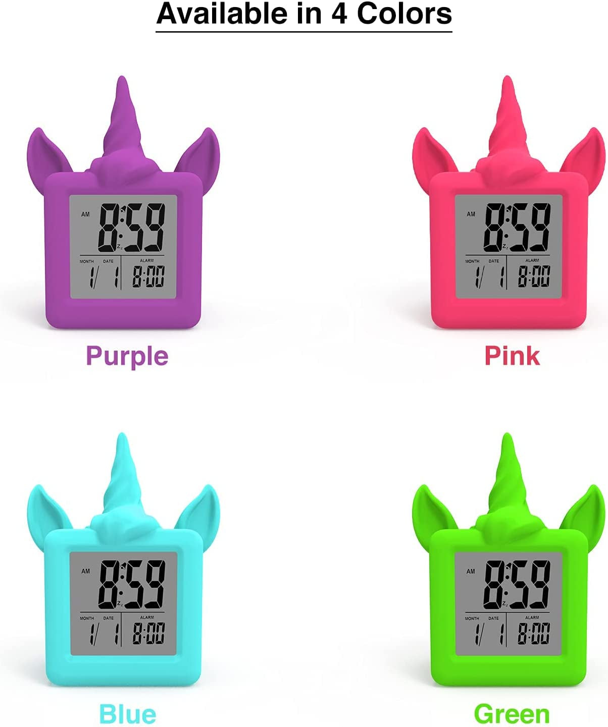 Something Unicorn - Unicorn Digital Alarm Clock with Snooze Button and Pink LCD Back-Lighting. Easy to Set Battery Powered Digital Clock in Silicone Sleeve with Time, Date and Alarm Display. (Pink)