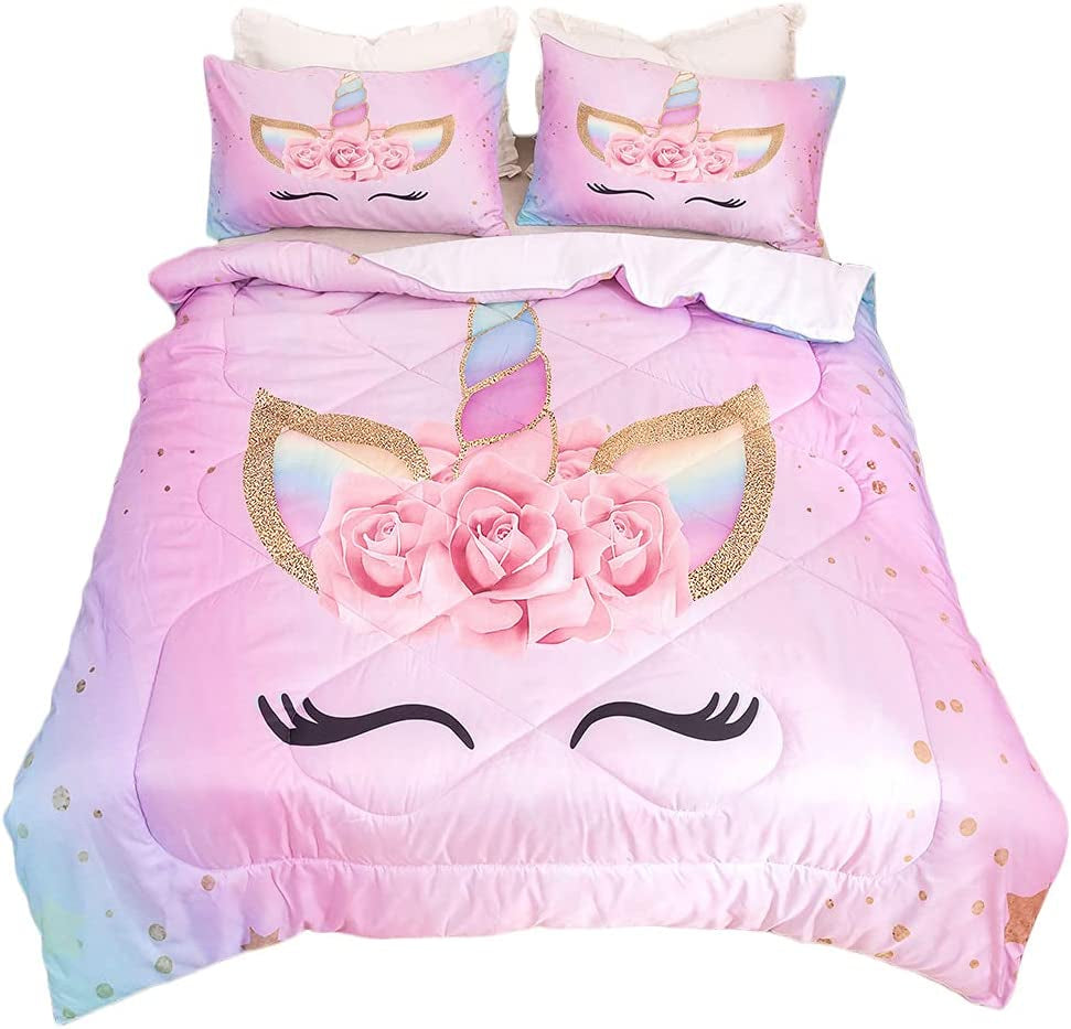 Unicorn Bedding 3 Piece Flower Girl Comforter Twin Size 68" X 86" Cartoon Pink Unicorn Bed Set Cute Unicorn Comforter Sets for Kids and Girls with 2 Pillowcases