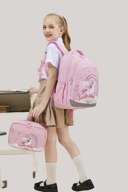 Cute Kids Backpack for Girls Kindergarten Elementary Unicorn School Backpacks Set with Lunch Box (Unicorn Pink)