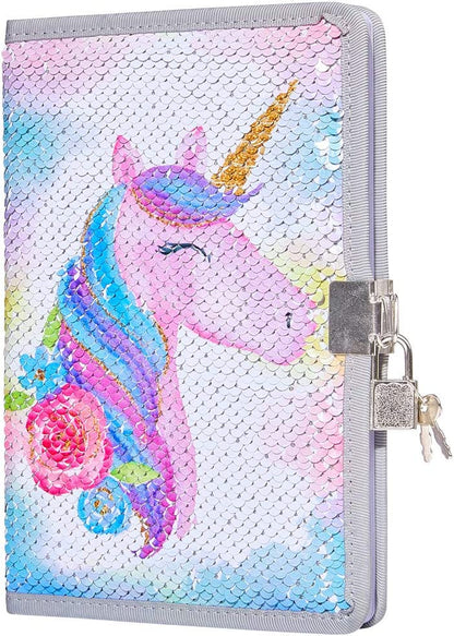 MHJY Sequin Unicorn Journal Secret Diary with Lock,Reversible Mermaid Sequin Notebook Private Journal Magic Unicorn Notebook Gifts for Girls