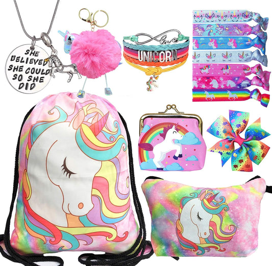 Unicorn Gifts for Girls - Unicorn Drawstring Backpack/Makeup Bag/Bracelet/Necklace/Hair Ties/Keychain/Sticker (Pink Unicorn Head 3)