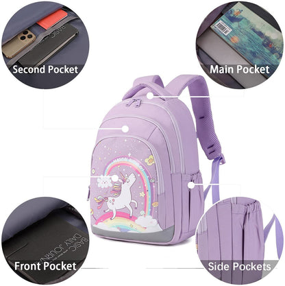 Cute Kids Backpack for Girls Kindergarten Elementary Unicorn School Backpacks Set with Lunch Box (Unicorn Purple)