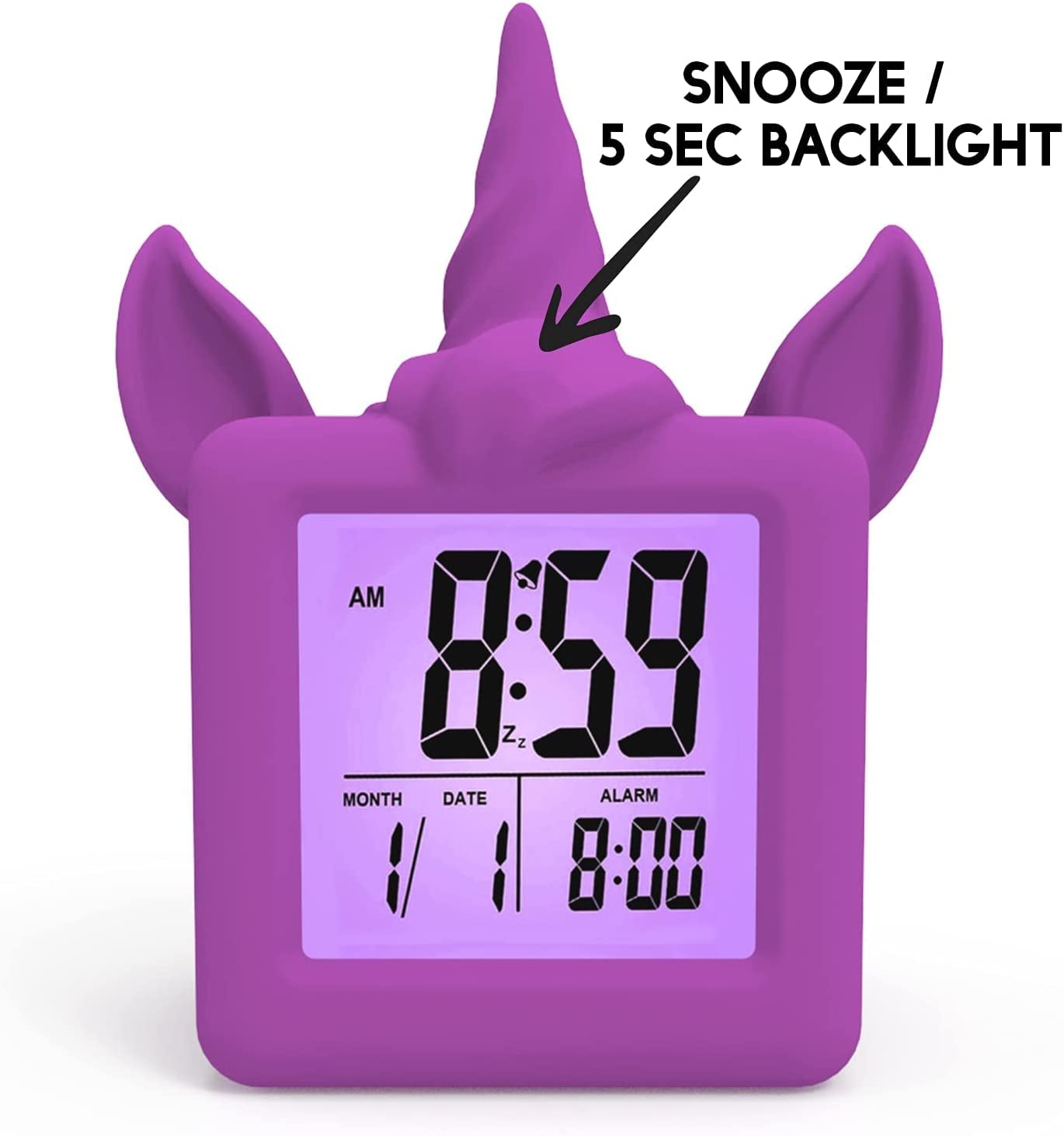 Something Unicorn - Unicorn Digital Alarm Clock with Snooze Button and Purple LCD Back-Lighting. Easy to Set Battery Powered Digital Clock in Silicone Sleeve with Time, Date and Alarm Display.(Purple)