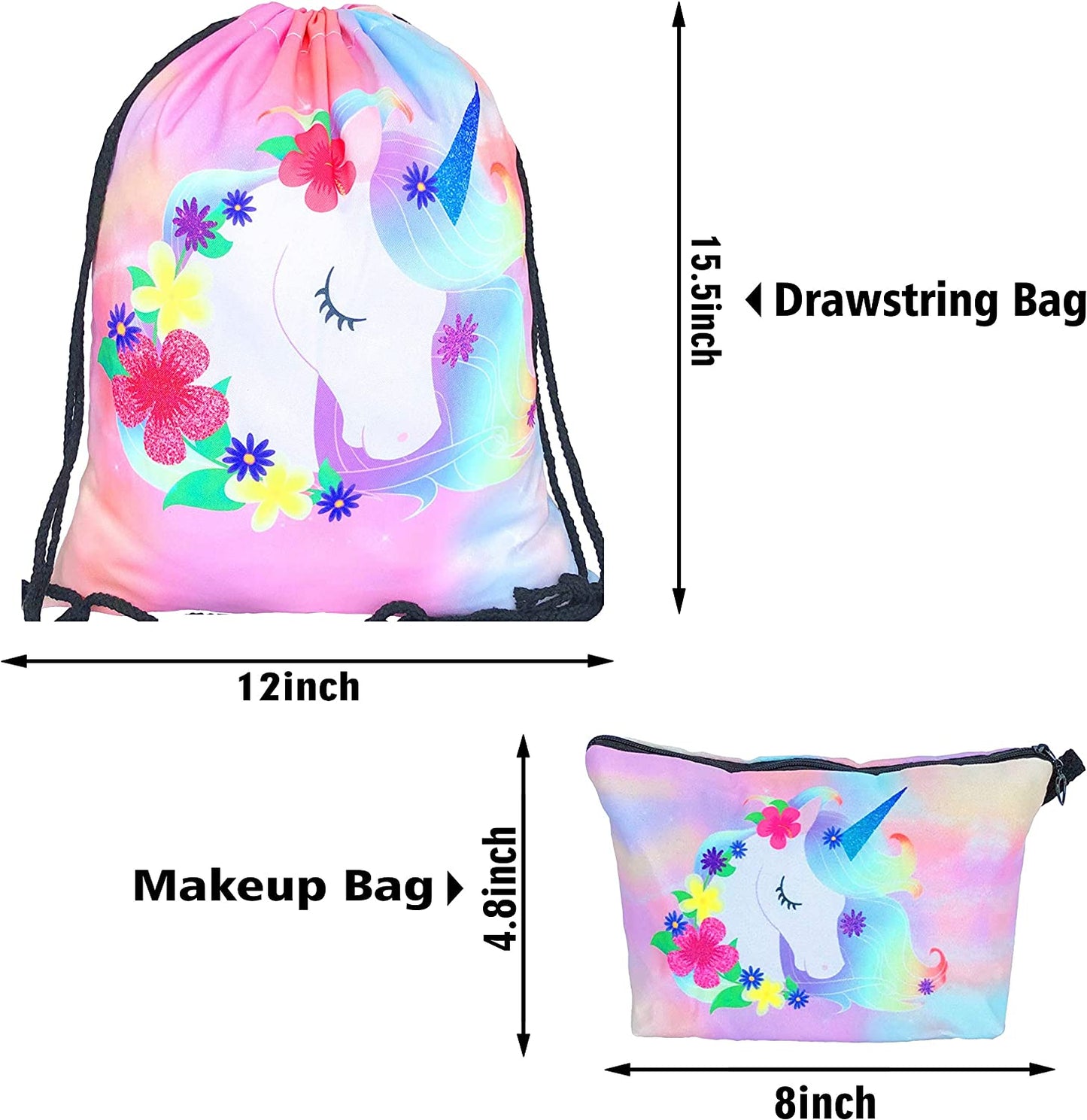 Unicorn Gifts for Girls - Unicorn Drawstring Backpack/Makeup Bag/Bracelet/Inspirational Necklace/Hair Ties (Flower Unicorn)
