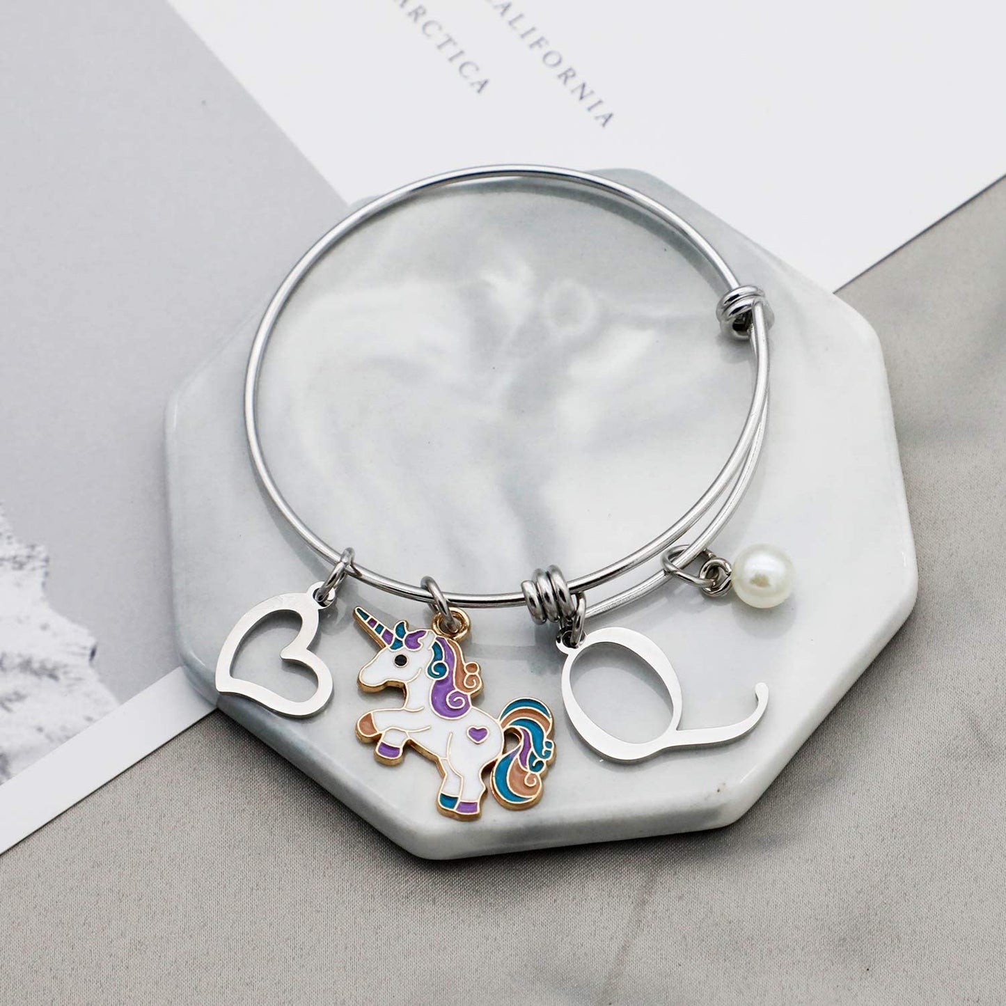 Unicorn Bracelet with Initial Unicorn Charm Initial Jewelry Unicorn Pendant Gift for Girl