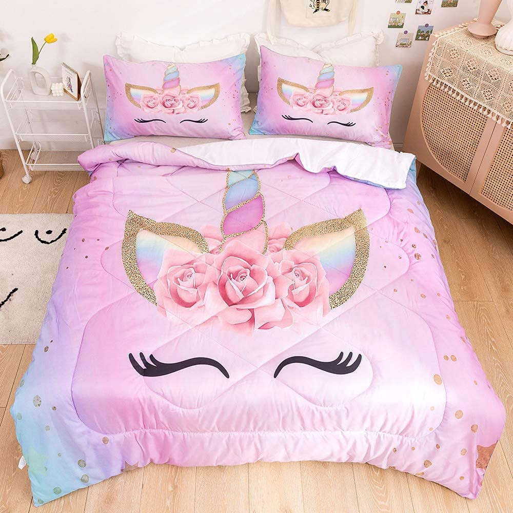 Unicorn Bedding 3 Piece Flower Girl Comforter Twin Size 68" X 86" Cartoon Pink Unicorn Bed Set Cute Unicorn Comforter Sets for Kids and Girls with 2 Pillowcases