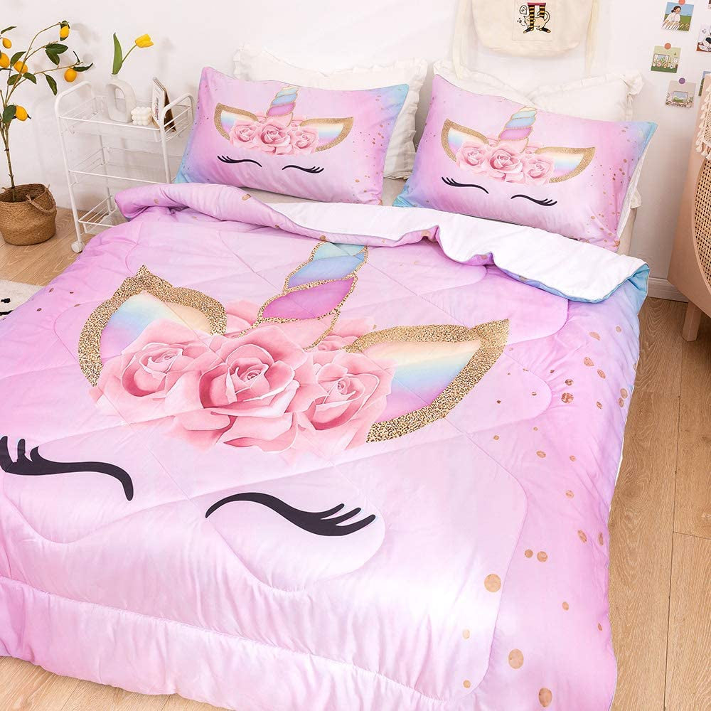 Unicorn Bedding 3 Piece Flower Girl Comforter Twin Size 68" X 86" Cartoon Pink Unicorn Bed Set Cute Unicorn Comforter Sets for Kids and Girls with 2 Pillowcases