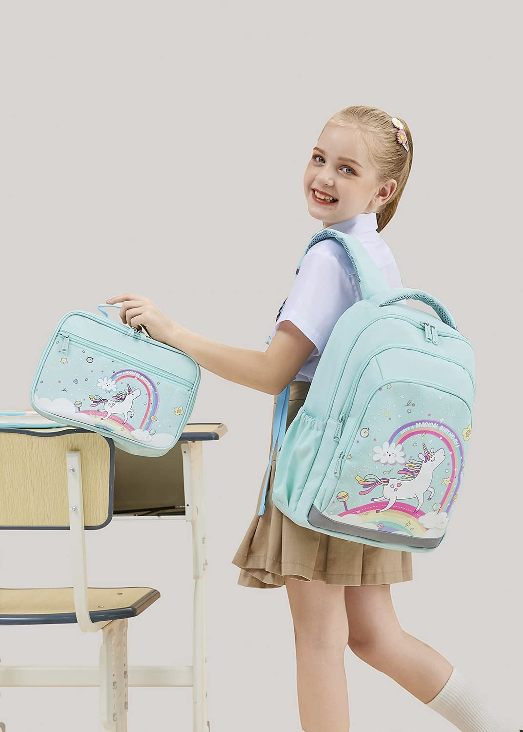 Cute Kids Backpack for Girls Kindergarten Elementary Unicorn School Backpacks Set with Lunch Box (Unicorn Teal)