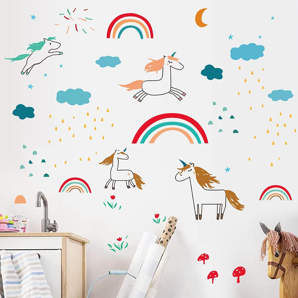 Yanxi Home Decor, Large Cartoon Unicorn Rainbow Wall Decals Art Decor Girl Unicorn Sticker for Kids Girl Nursery Room Decor Unicorn